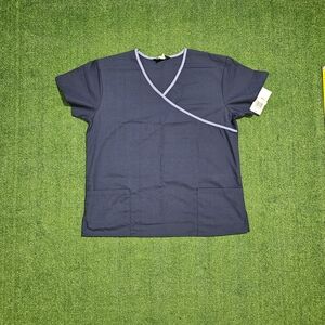 Navy Blue Scrub Top with Light Blue Trim